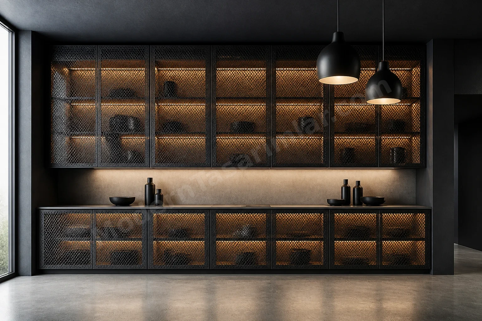 Mesh metal kapak ön yüzeyi ve iç kısımda sıcak LED vurgusu