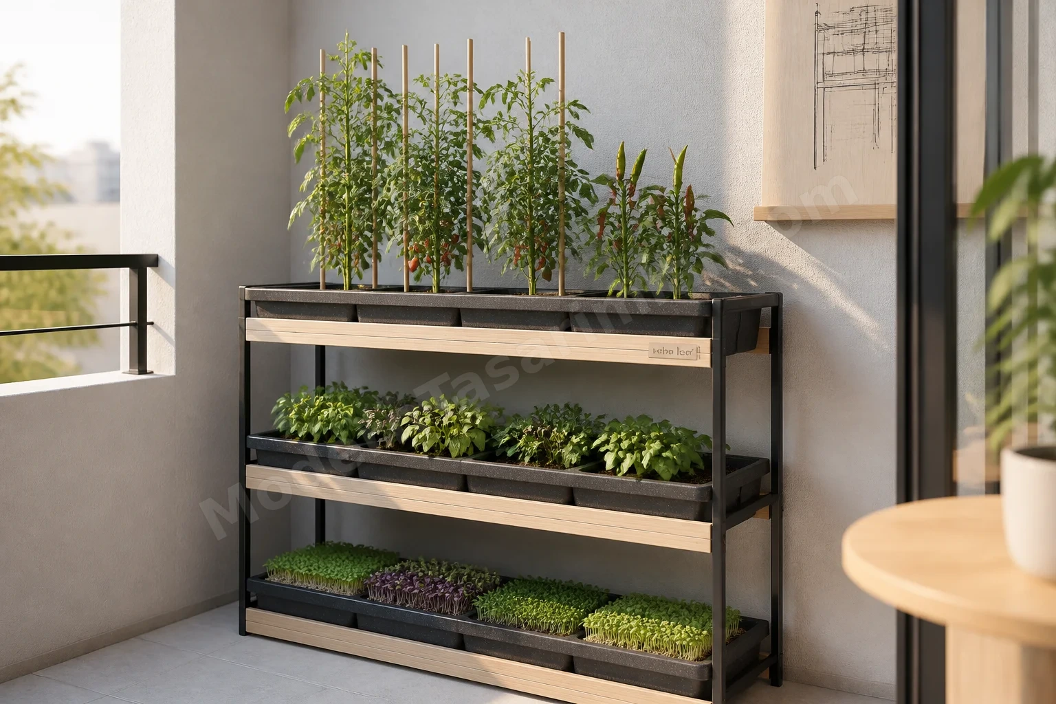 Metal raflı katmanlı balkon düzeninde tepsiler ve küçük domatesler