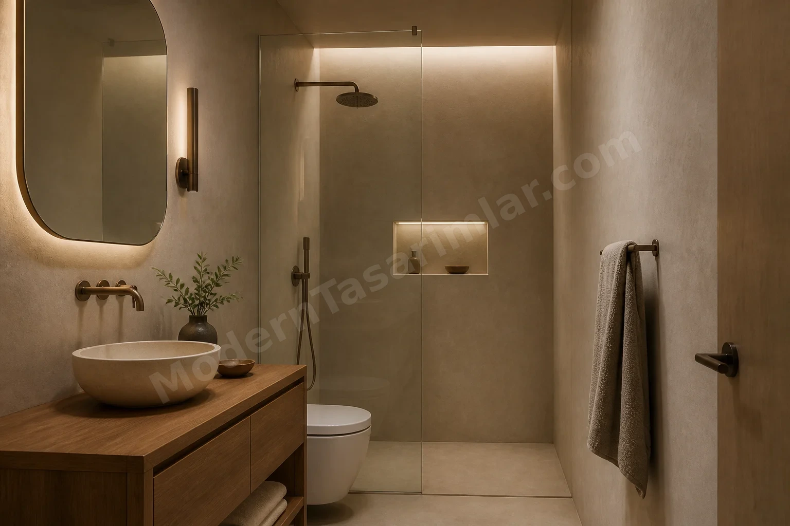 Mineral sıvalı duvarlara sahip, mat yüzeyli banyo konsepti