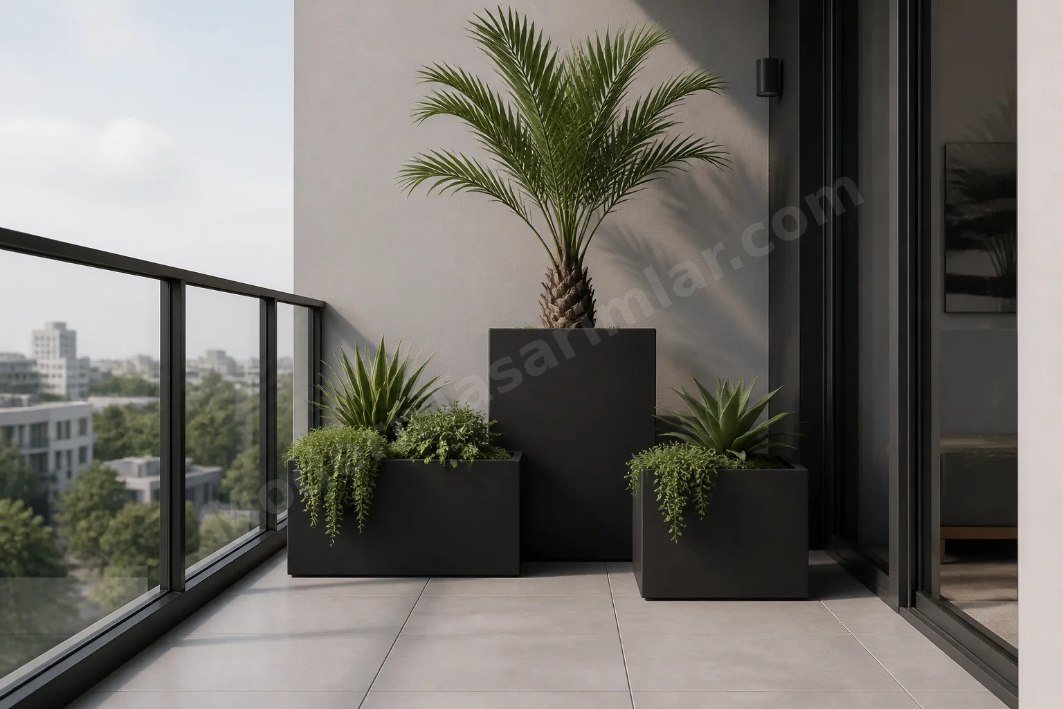 Modern minimal balkon, mat siyah dikdörtgen saksılar ve açık gri döşeme