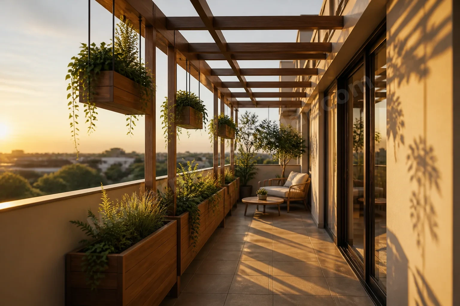 Modüler ahşap pergola ve asılı saksılı balkon, altın saat ışığı gölgesi.