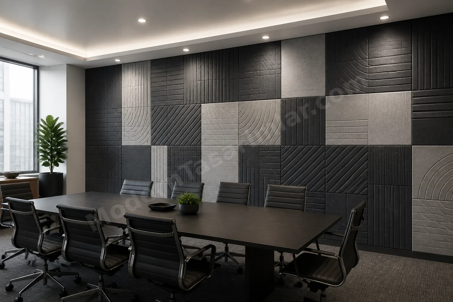 Modüler dokunsal karo panellerden konferans odası duvarı
