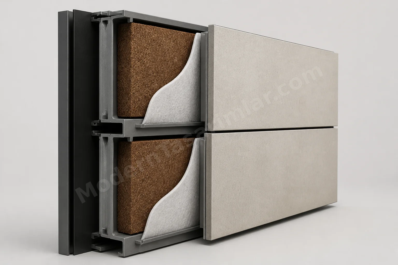 Modüler panel kesit detayı kapiler kumaş ve substrat cepleri