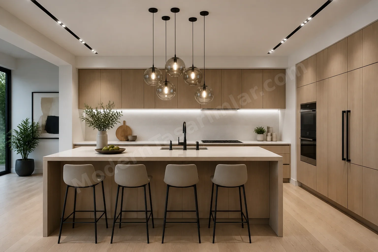 Mutfak adası üzerinde sarkıt kümesi ve gömme downlight düzeni