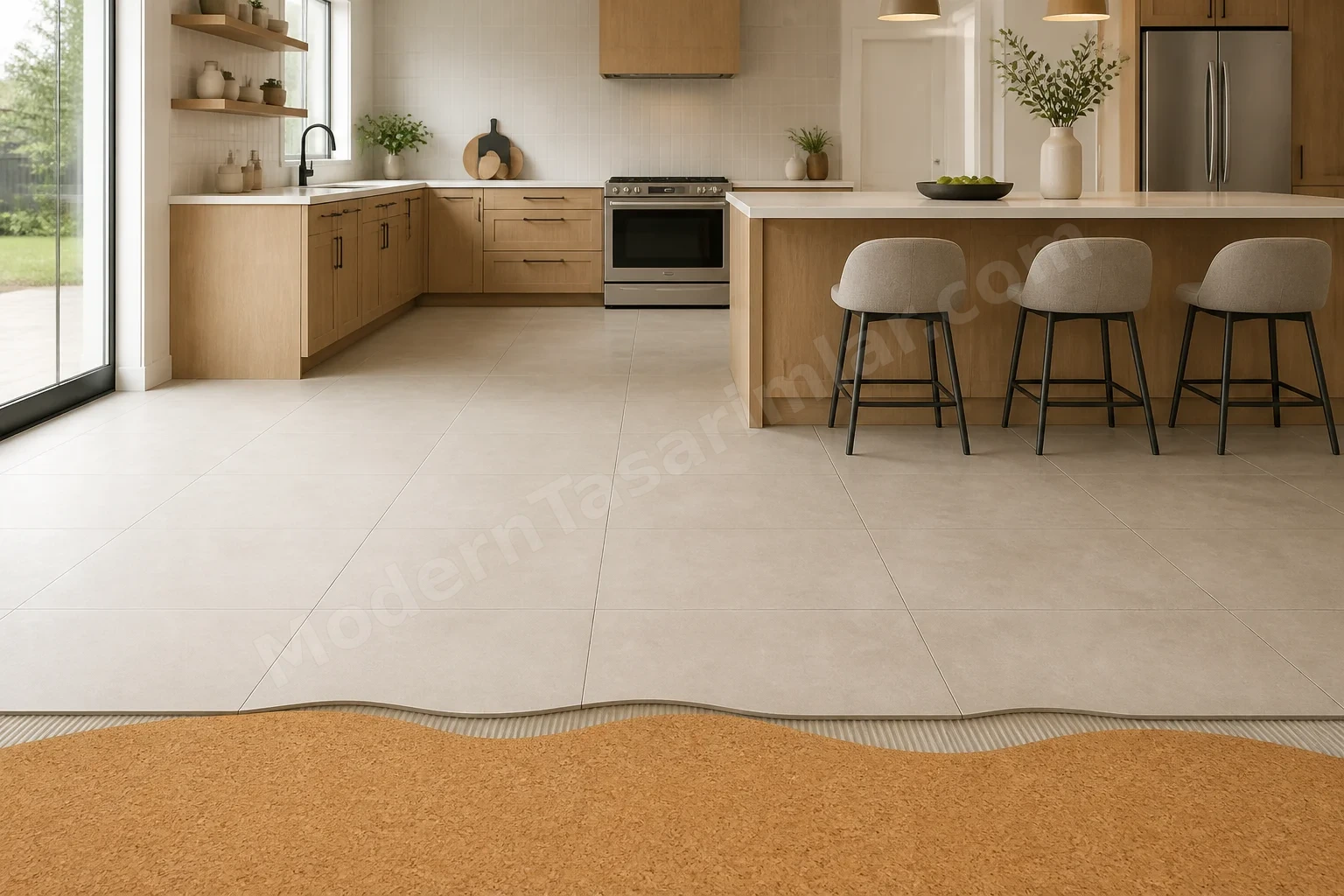 Mutfakta mat porselen karo ve mantar altlık geçiş detayı