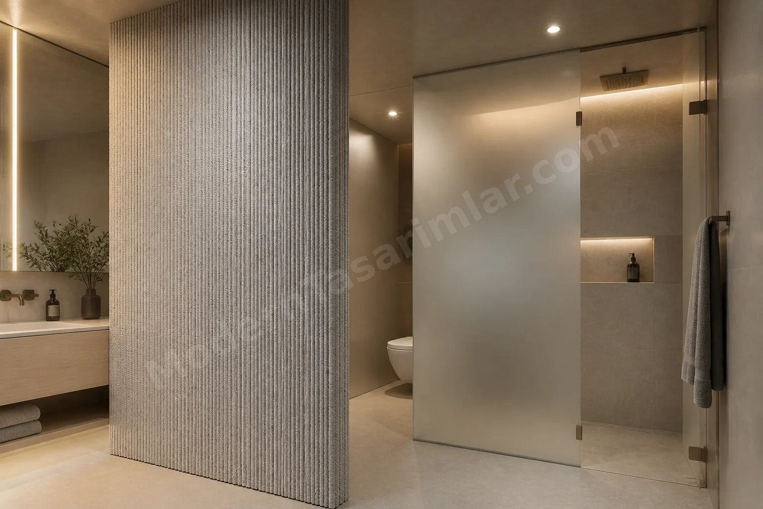 Nem dayanımlı dokunsal mahremiyet paravanı banyo konsepti