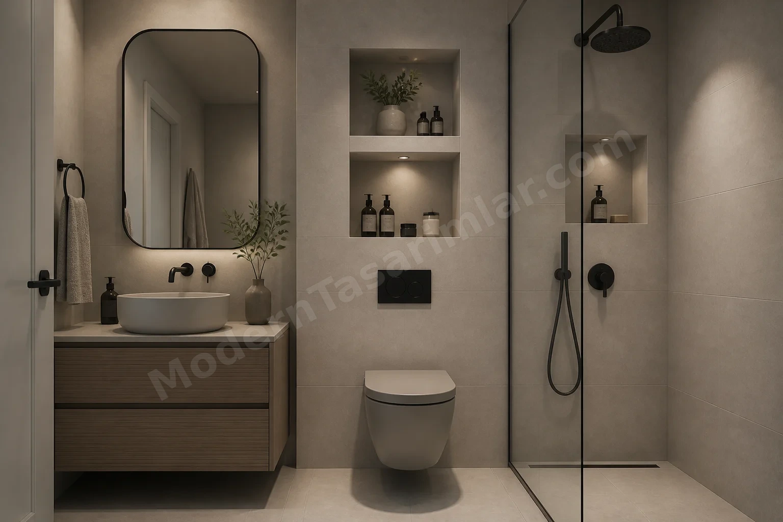 Nişli depolama ve tek renk porselen karolarla düzenli küçük banyo