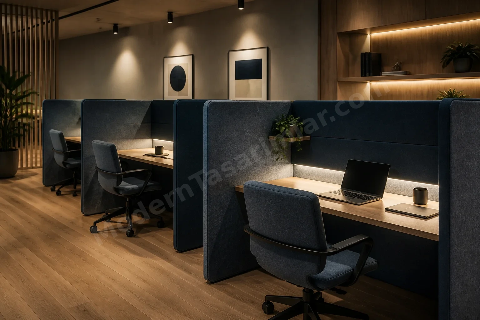 Odak çalışma podları, keçe paneller ve entegre LED şeritler