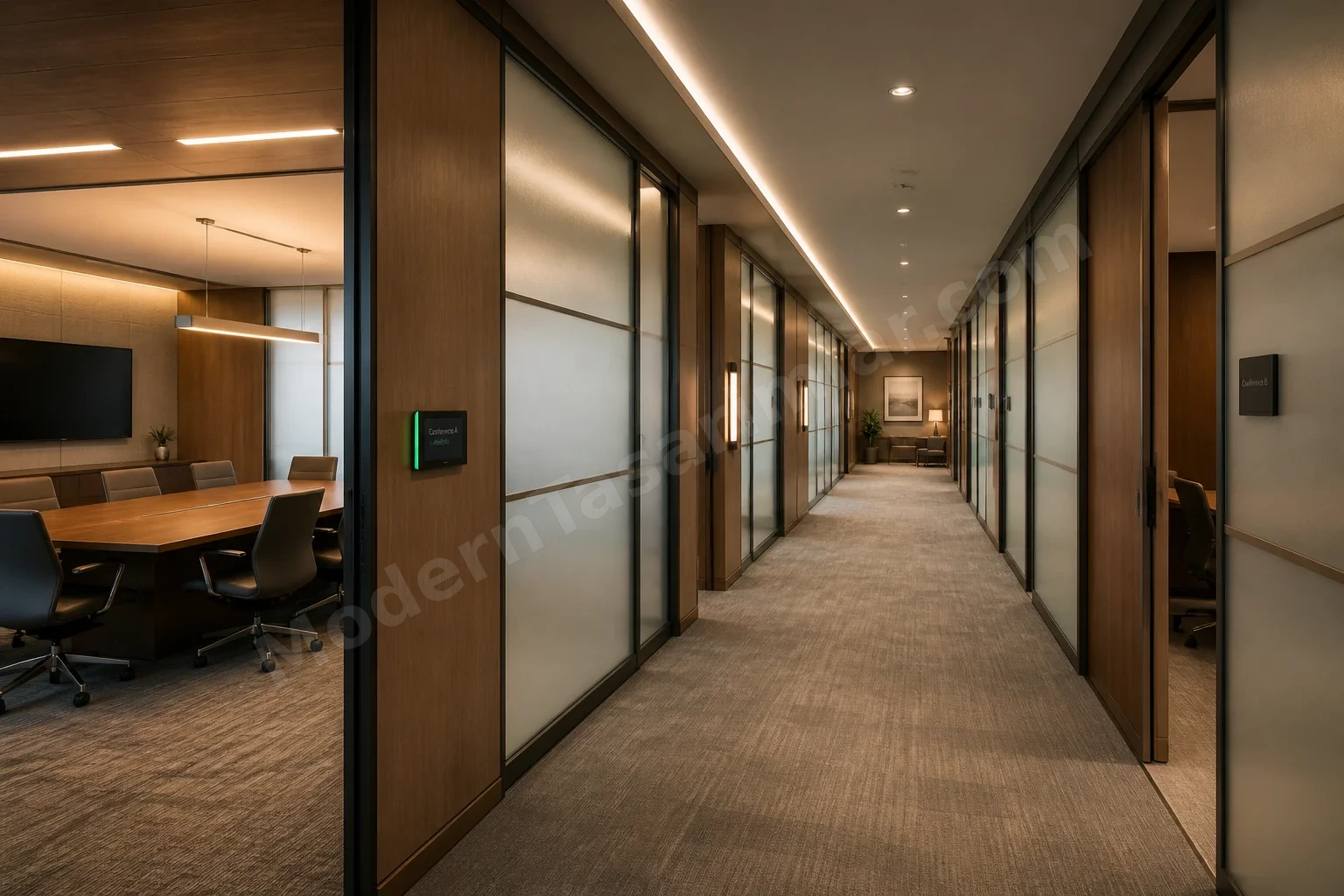 Opak ahşap ve buzlu cam kombinasyonlu kayar panellerle çevrili konferans alanı