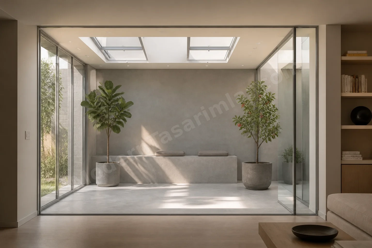 Oturma alanına bitişik minimalist cam oda, saksılı incir ve nar ağaçları, beton oturma.