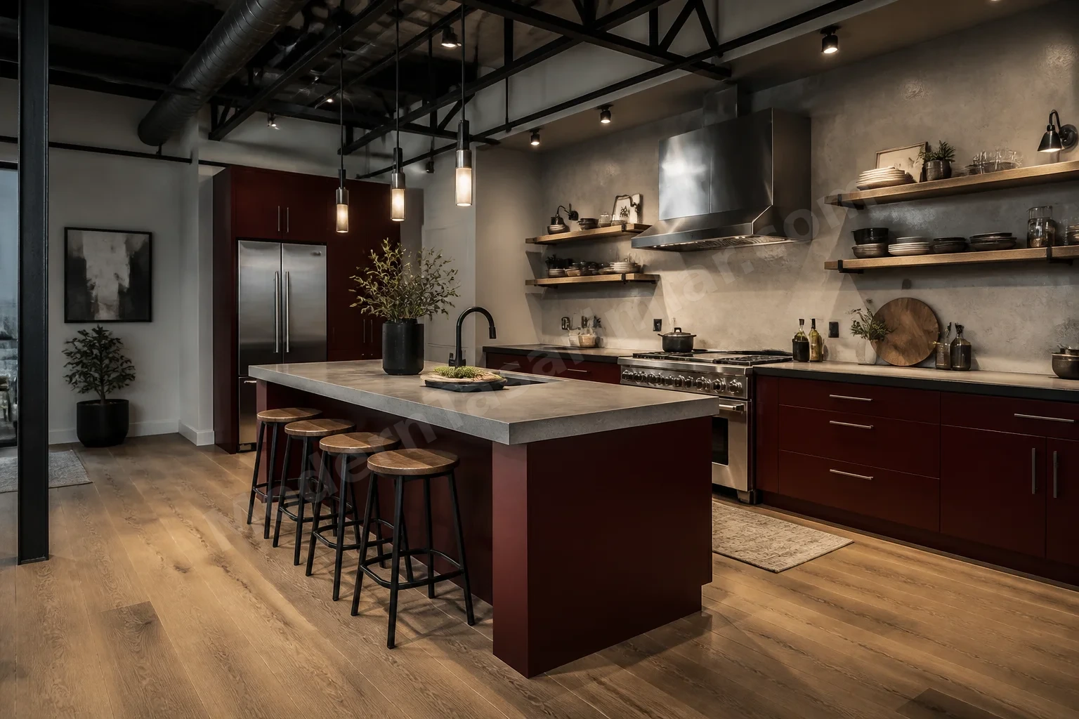 Oxblood kırmızısı ve beton tezgâhlı endüstriyel mutfak