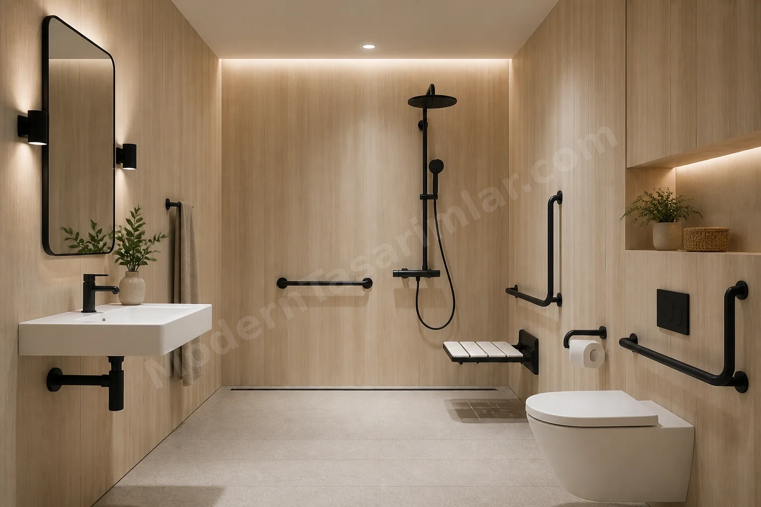 Pale ahşap paneller ve mat siyah armatürlü İskandinav tarzı banyo