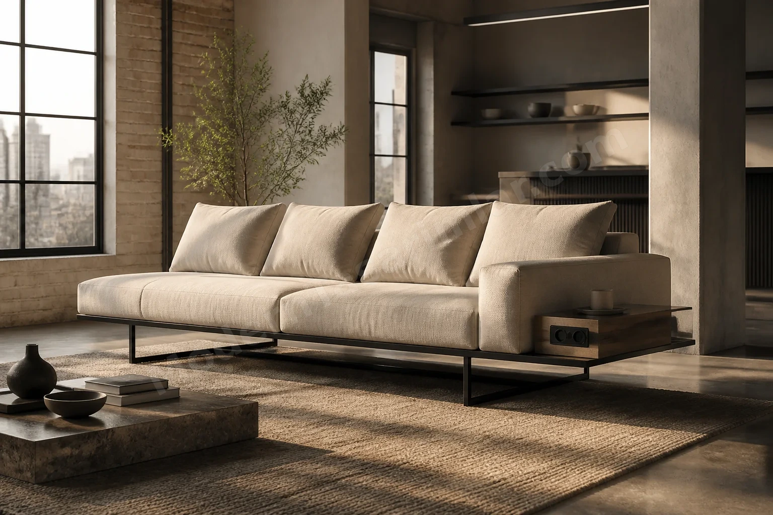 Pale bej çıkarılabilir kılıflı kanape ve entegre sehpa