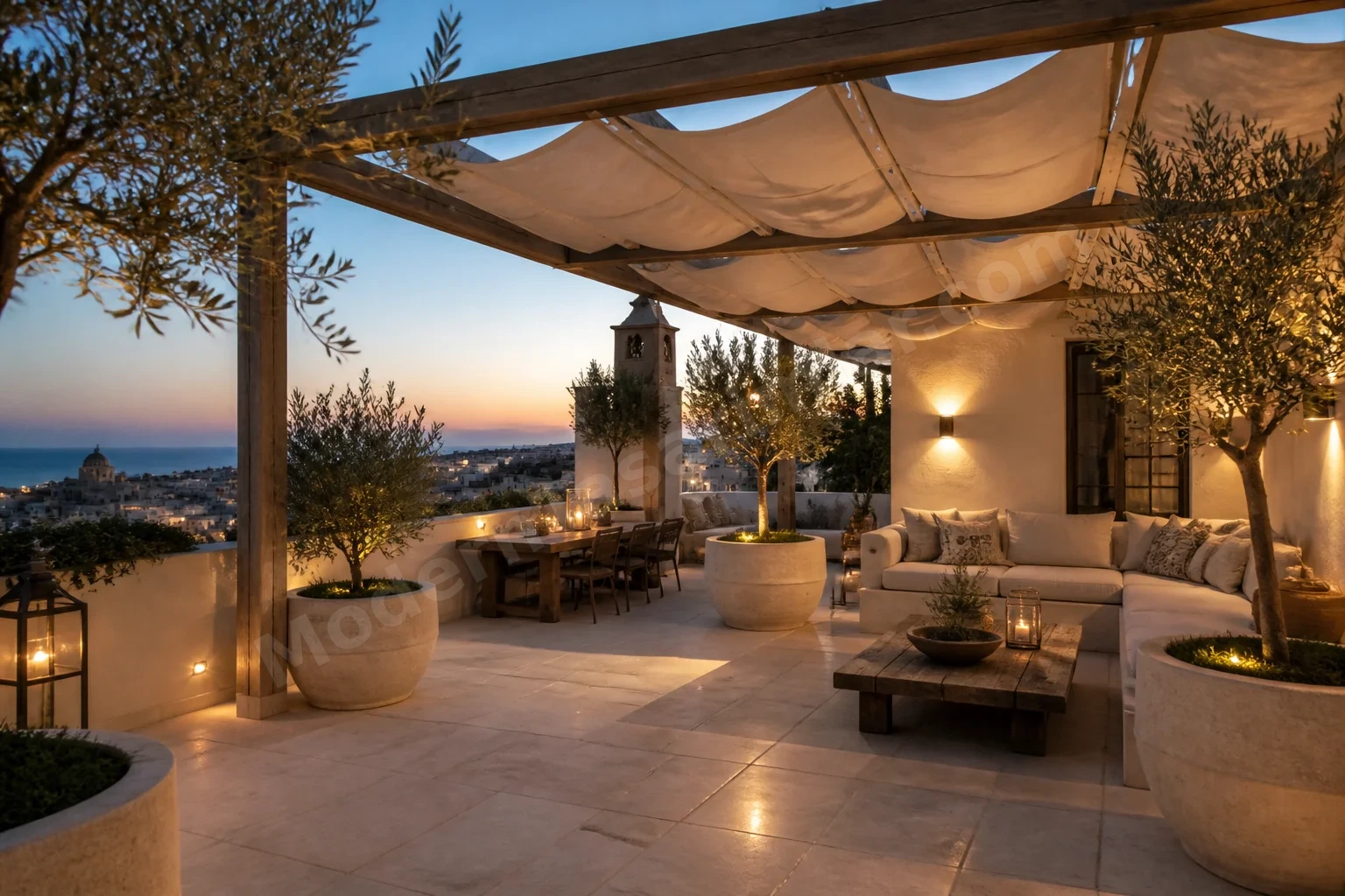 Pale taş döşeme, kireç taş planter ve keten pergola ile Akdeniz esintisi