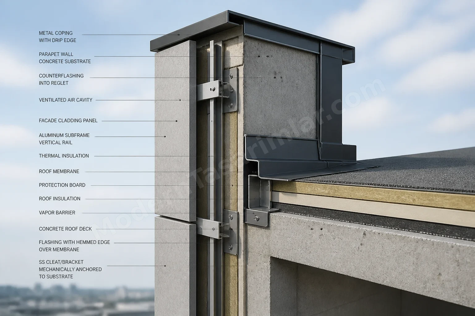 Parapet birleşiminde flaş ve çatı entegrasyonlu cephe kesiti