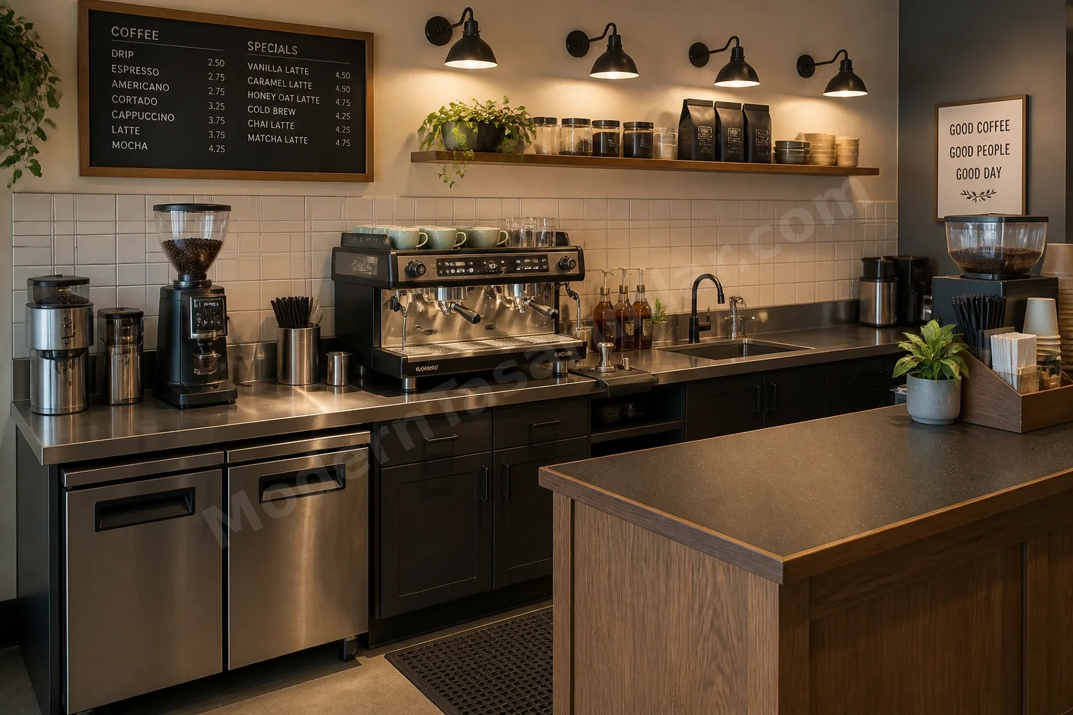 Paslanmaz çelik hazırlık alanı ve görev aydınlatmalı barista istasyonu