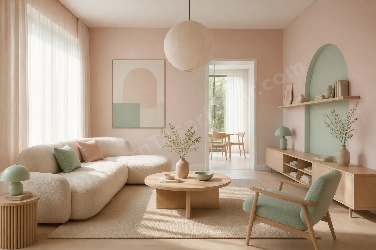 Pastel pembe ve nane tonlu yumuşak ışıklı oturma odası