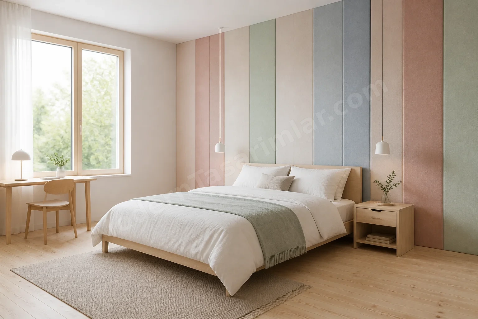 Pastel renkli dikey kumaş panellerle İskandinav tarzı yatak odası
