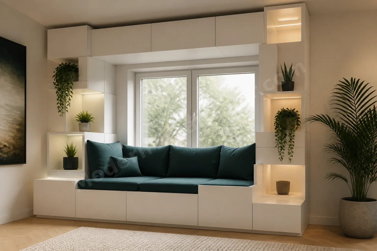 Pencere kenarı için beyaz lake modüllü oturma kutuları ve teal minder