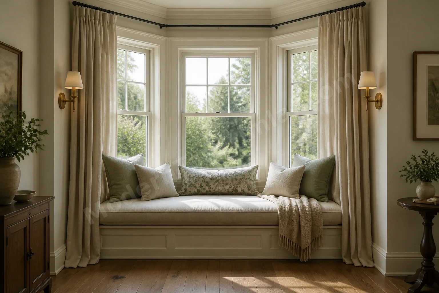 Pencere pervazlı bay window oturma yeri ve pirinç aplikler
