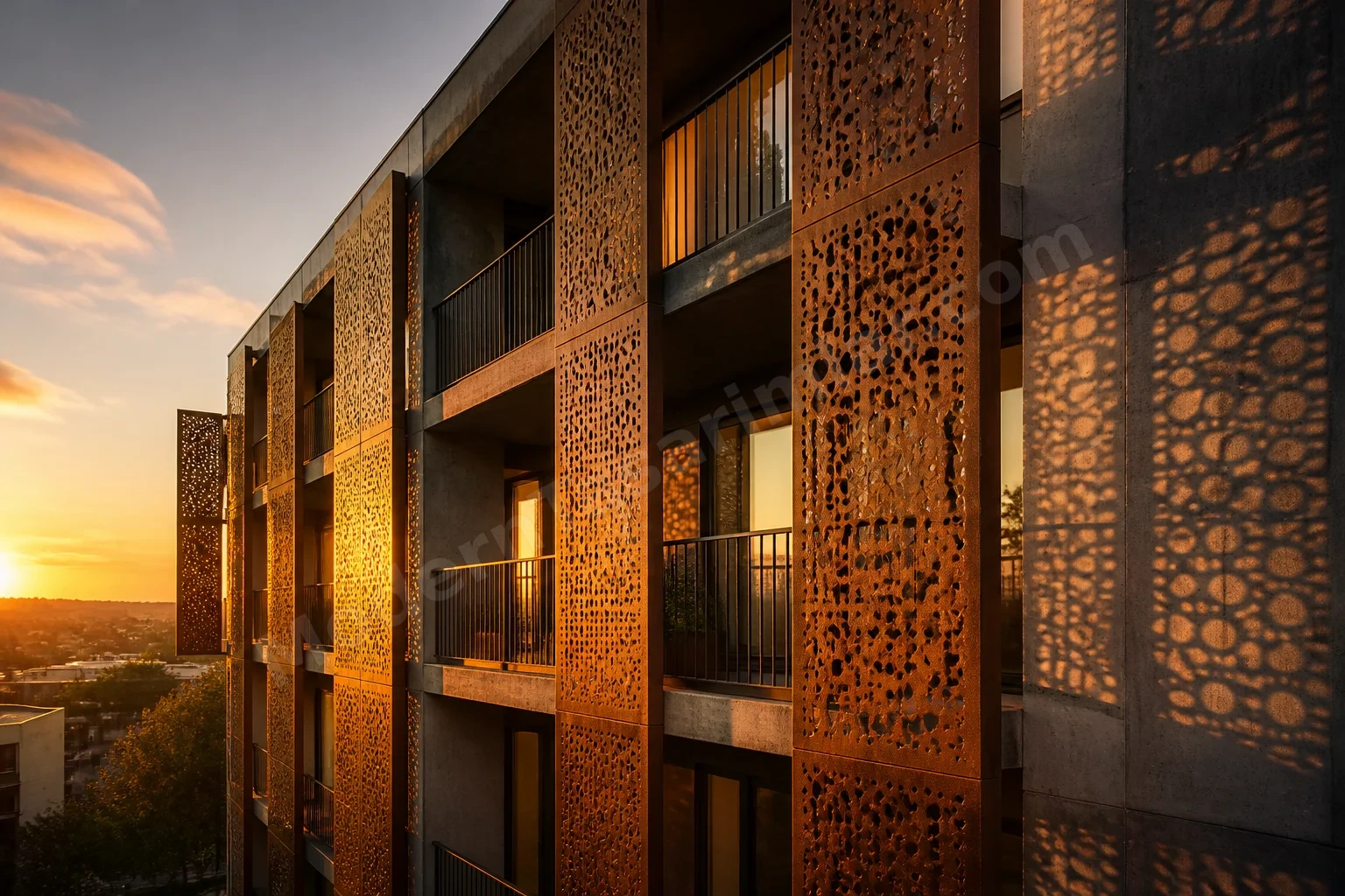 Perforasyonlu corten çelik panel monteli orta yükseklikte apartman cephesi, günbatımı gölgeleri.