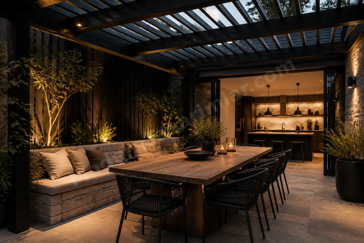 Pergola altı yemek alanı ve taş oturma bankı