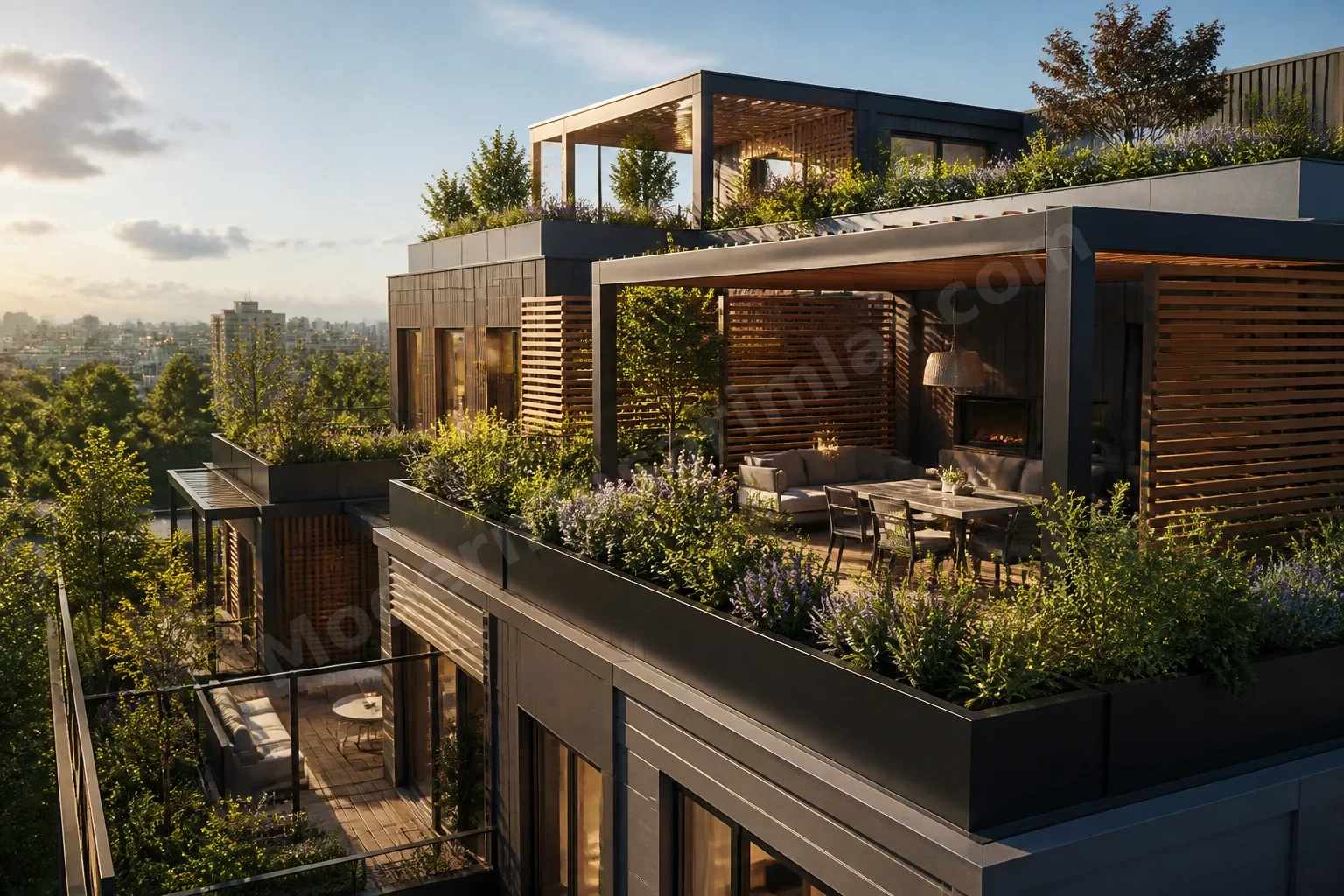 Pergola ve derin saksılı çatı terasları, akşam yumuşak aydınlatma
