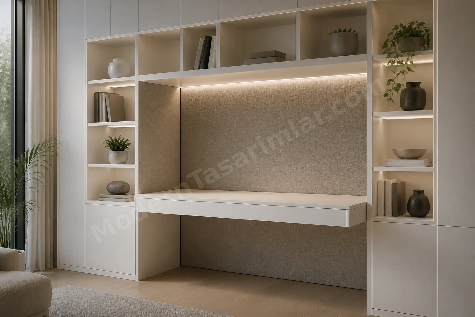 Raf içine oyulmuş yüzen masa alcove, mat beyaz yüzey ve kumaş arka panel