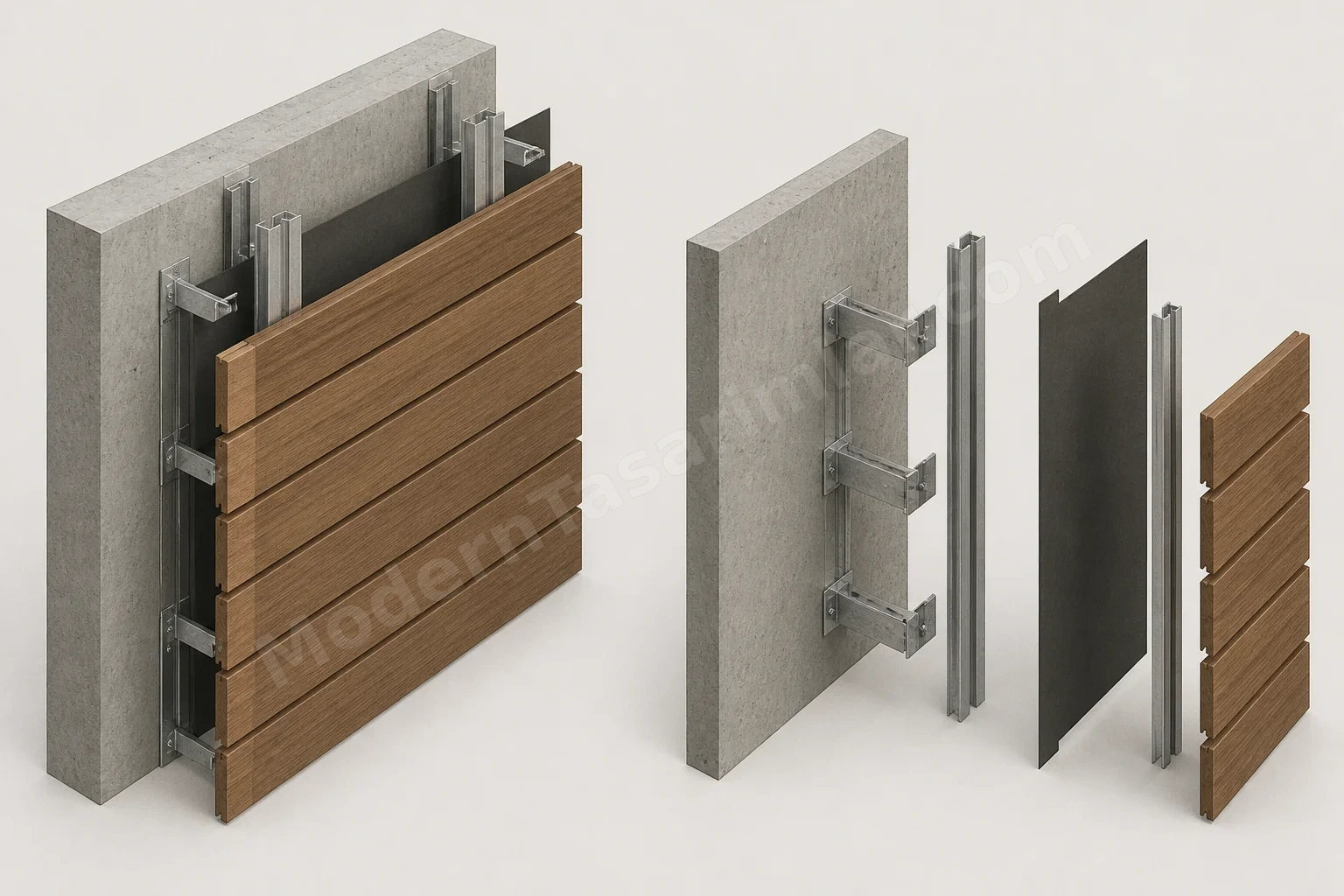 Rainscreen sistemi ve patlatılmış yükseltilmiş ahşap cephe
