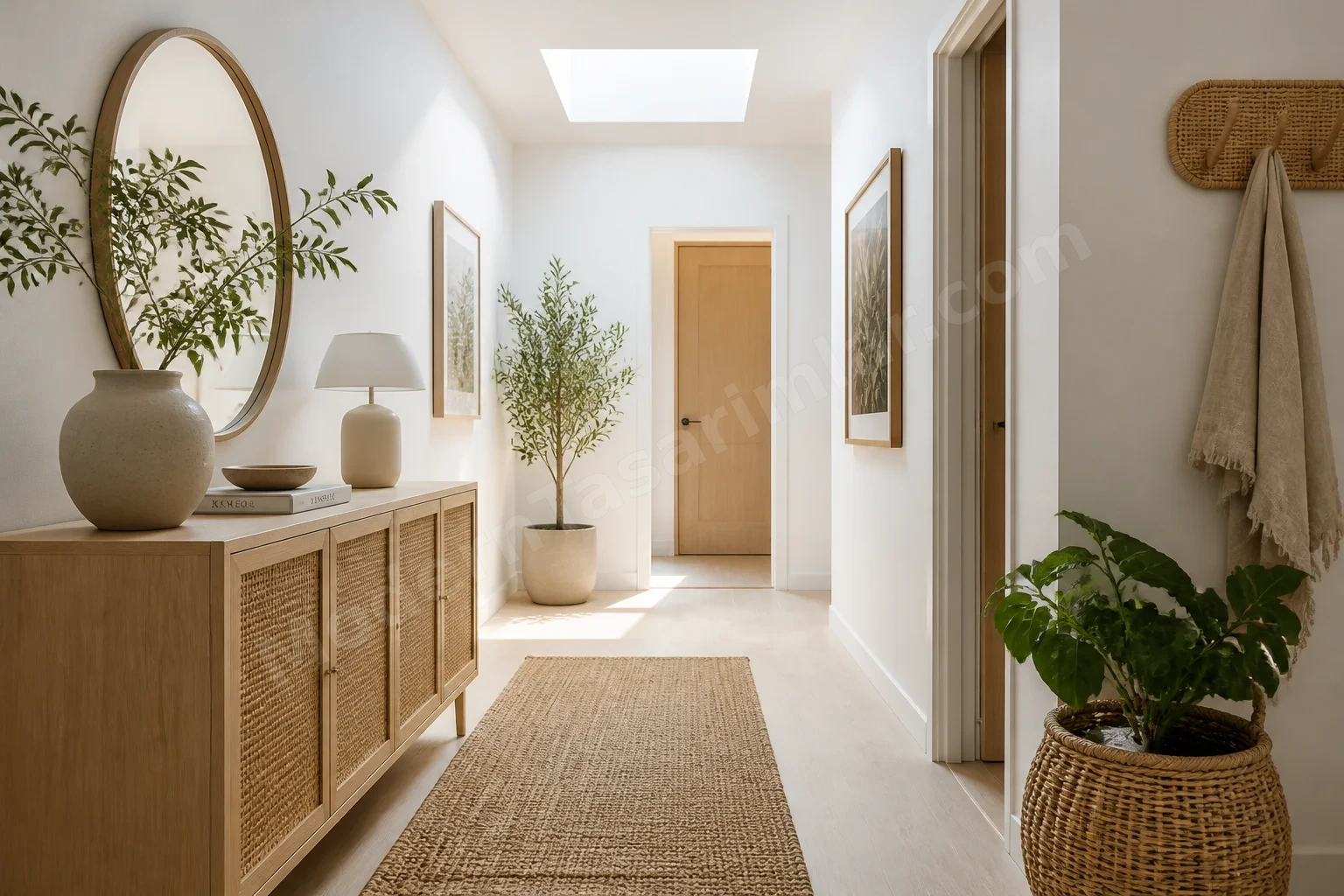 Rattan detaylı İskandinav tarzı meşe konsol ve bitki düzeni