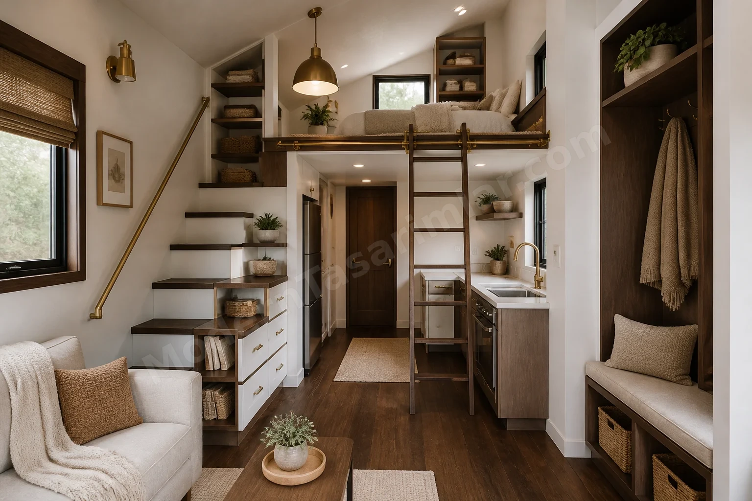 Raylı sürgülü merdivenli modern loft tasarımı