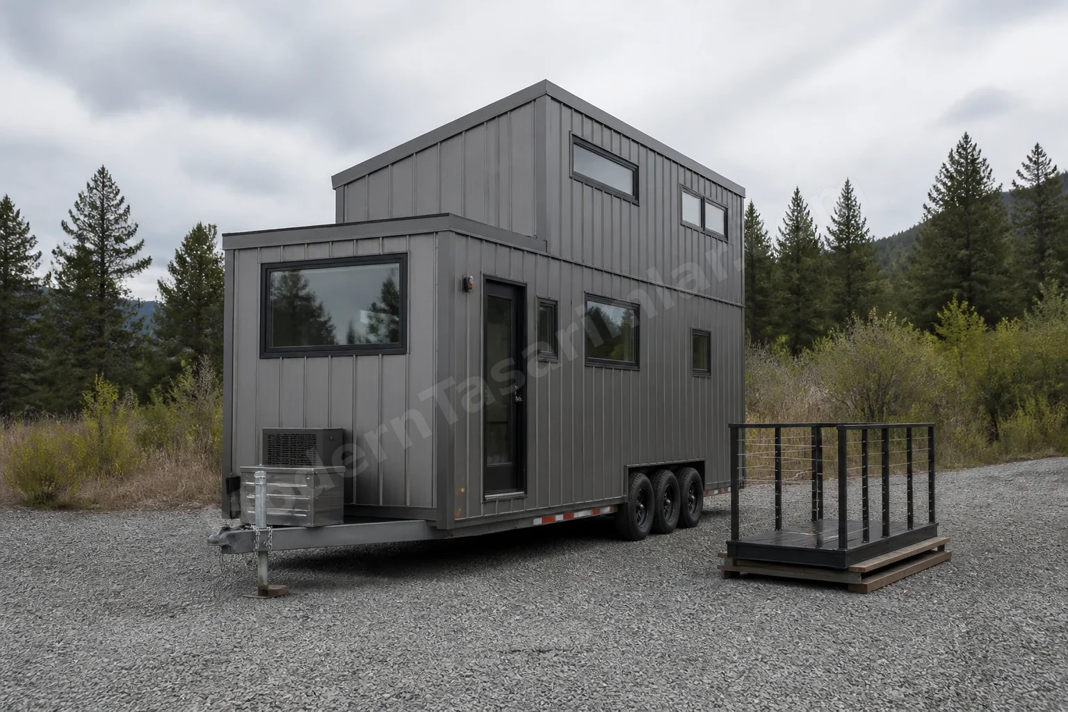 Römork üzerinde tiny house ve kenarında depolanmış balkon