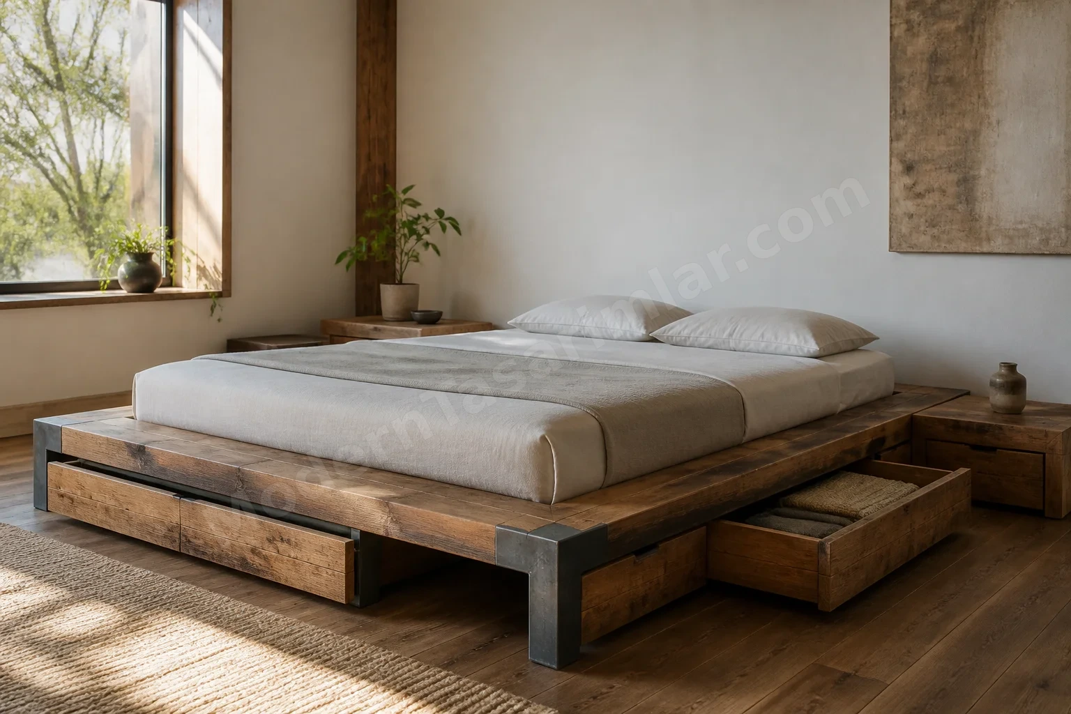 Salvage teak ve çelikten platform yatak
