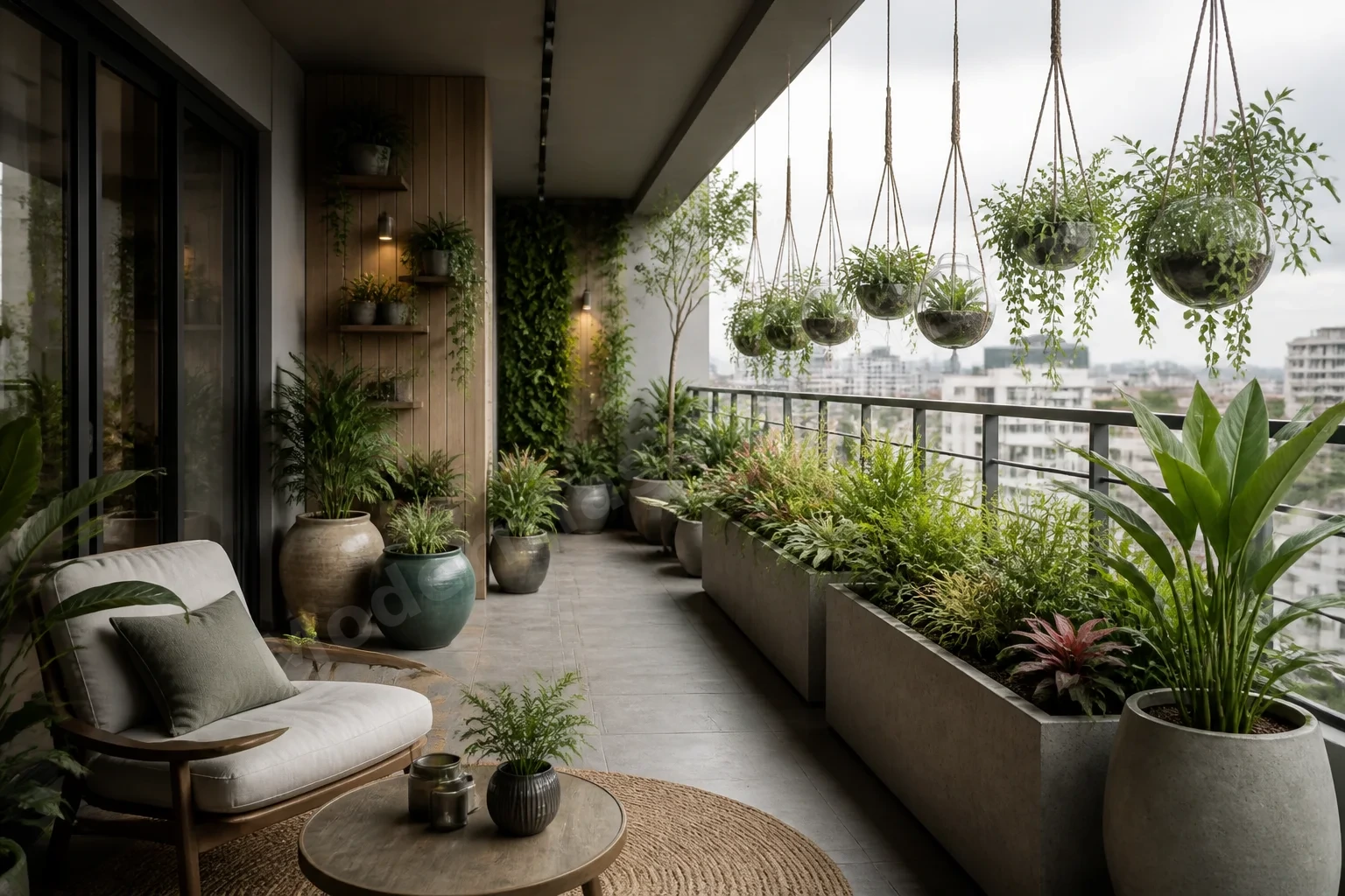 Seramik, beton ve asılı cam saksılarla dokulu balkon kompozisyonu