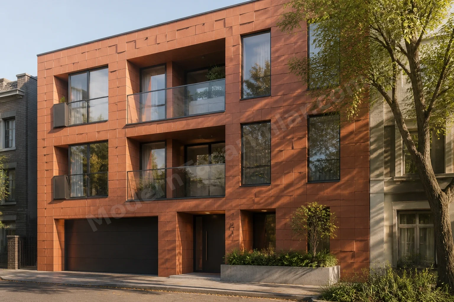 Sıcak kırmızı-kahve terracotta klinker paneller, balkonlu sıra ev cephe