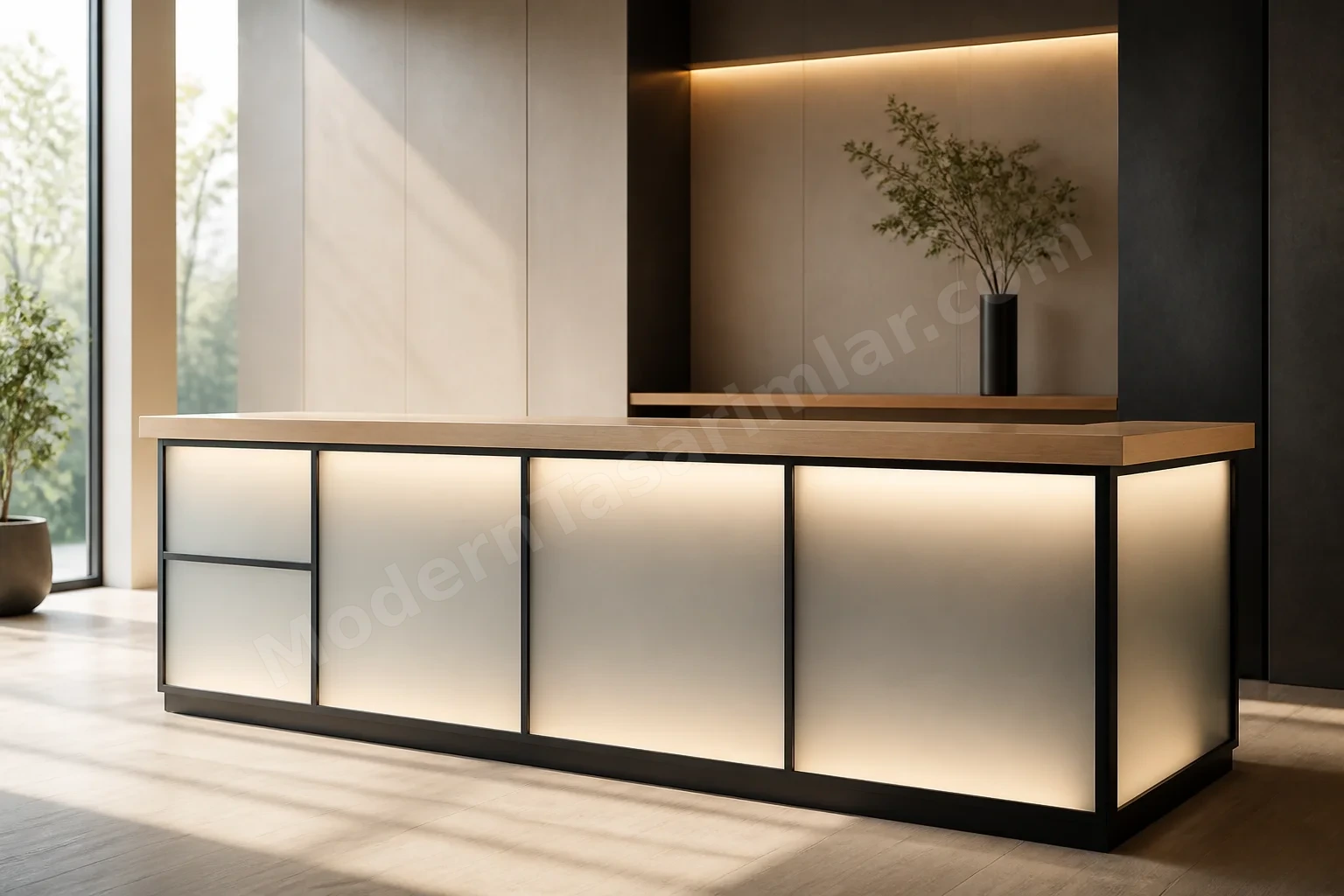 Siyah metal çerçeveli buzlu cam ön yüzey ve gizli LED