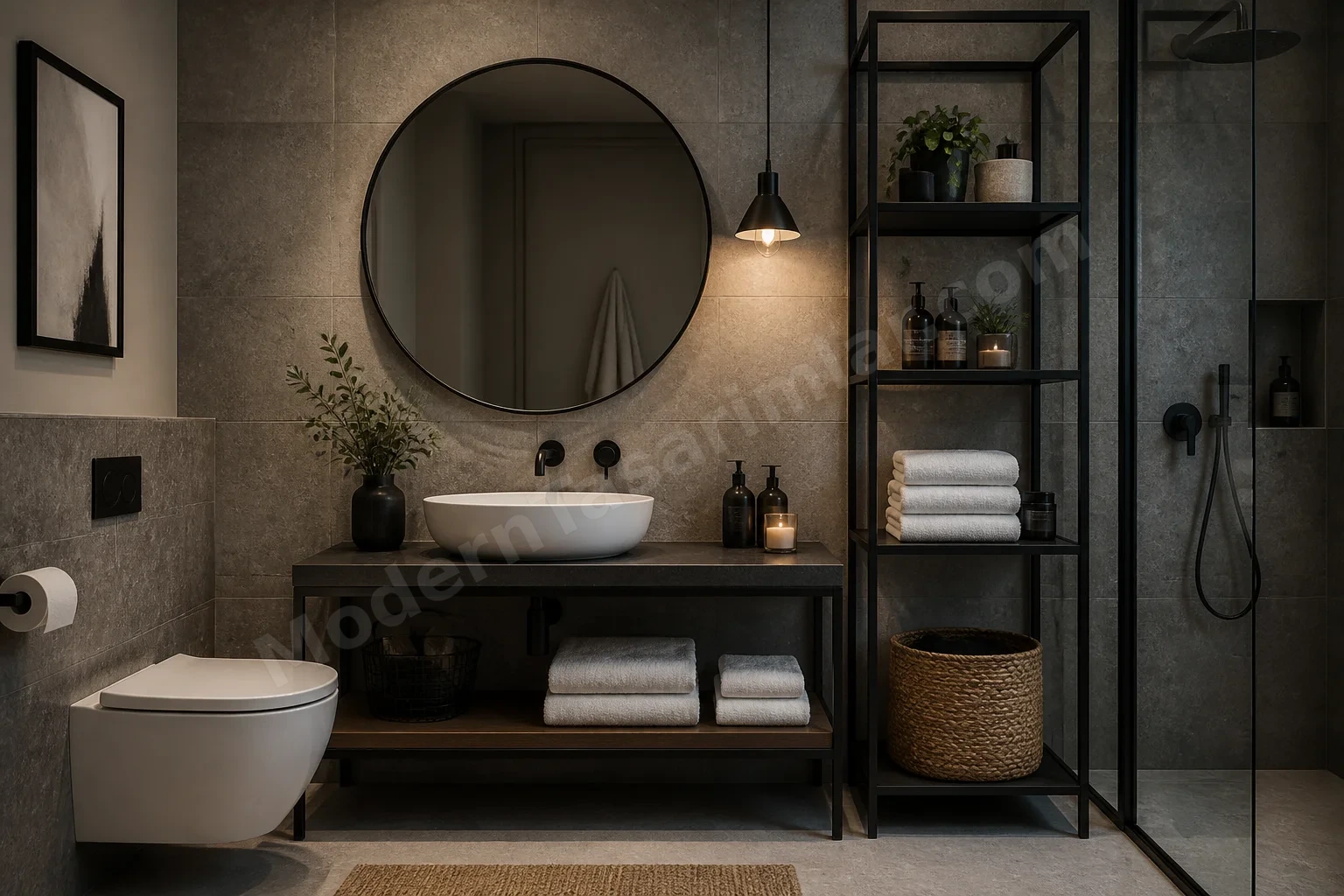 Siyah metal çerçeveli raflar, büyük yuvarlak ayna ve dokulu gri fayanslı küçük banyo