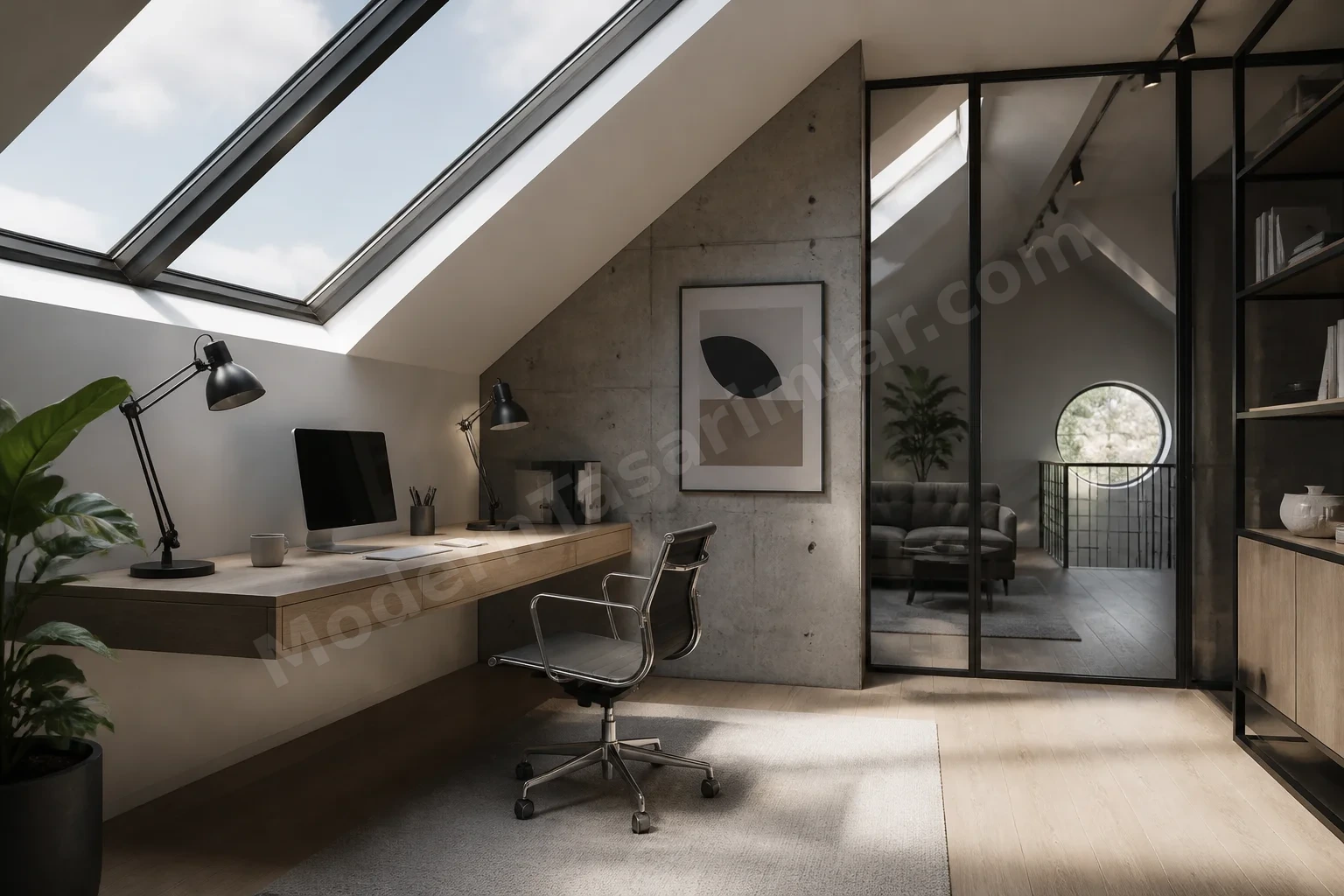 Skylight altında modern çalışma alanı, cam bölme ve beton detaylar