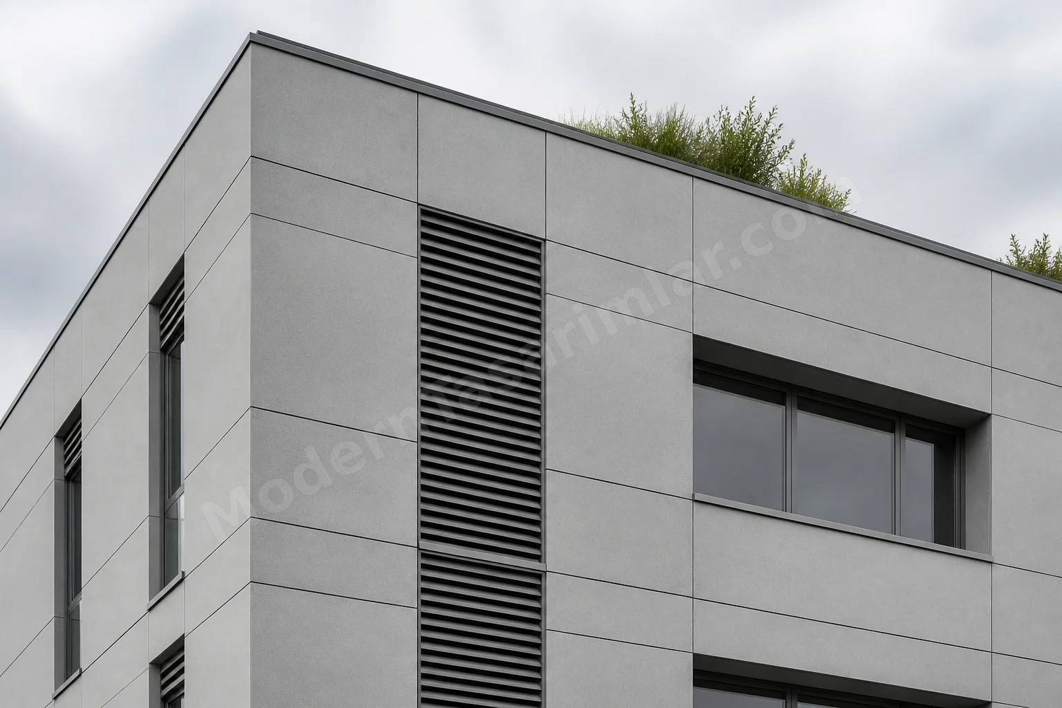 Soğuk açık gri fiber çimento paneller, entegre kepenk detaylı