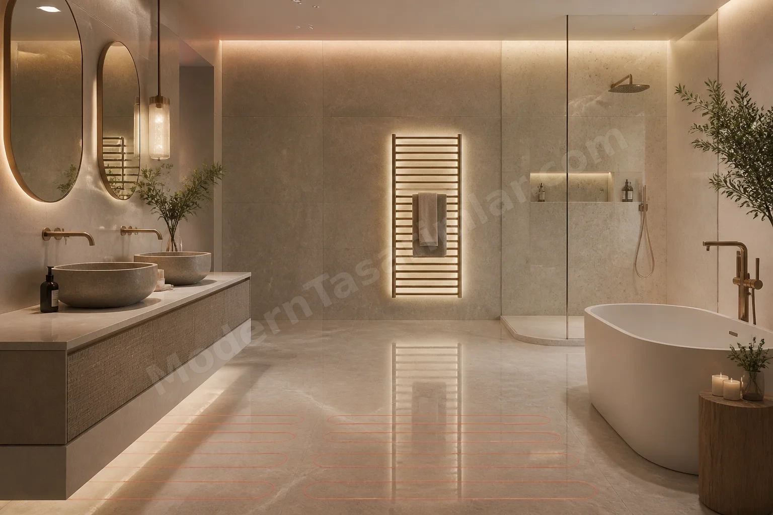 Spa tarzı banyo, yumuşak indirgendi aydınlatma ve taş zemin