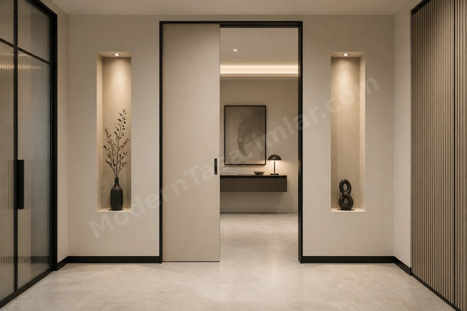 Sürgülü cep kapılı minimal nişler ve vurgu aydınlatma