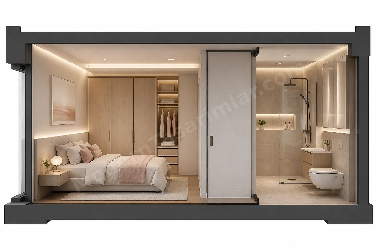 Sürgülü kapılı özel yatak odası ve banyo