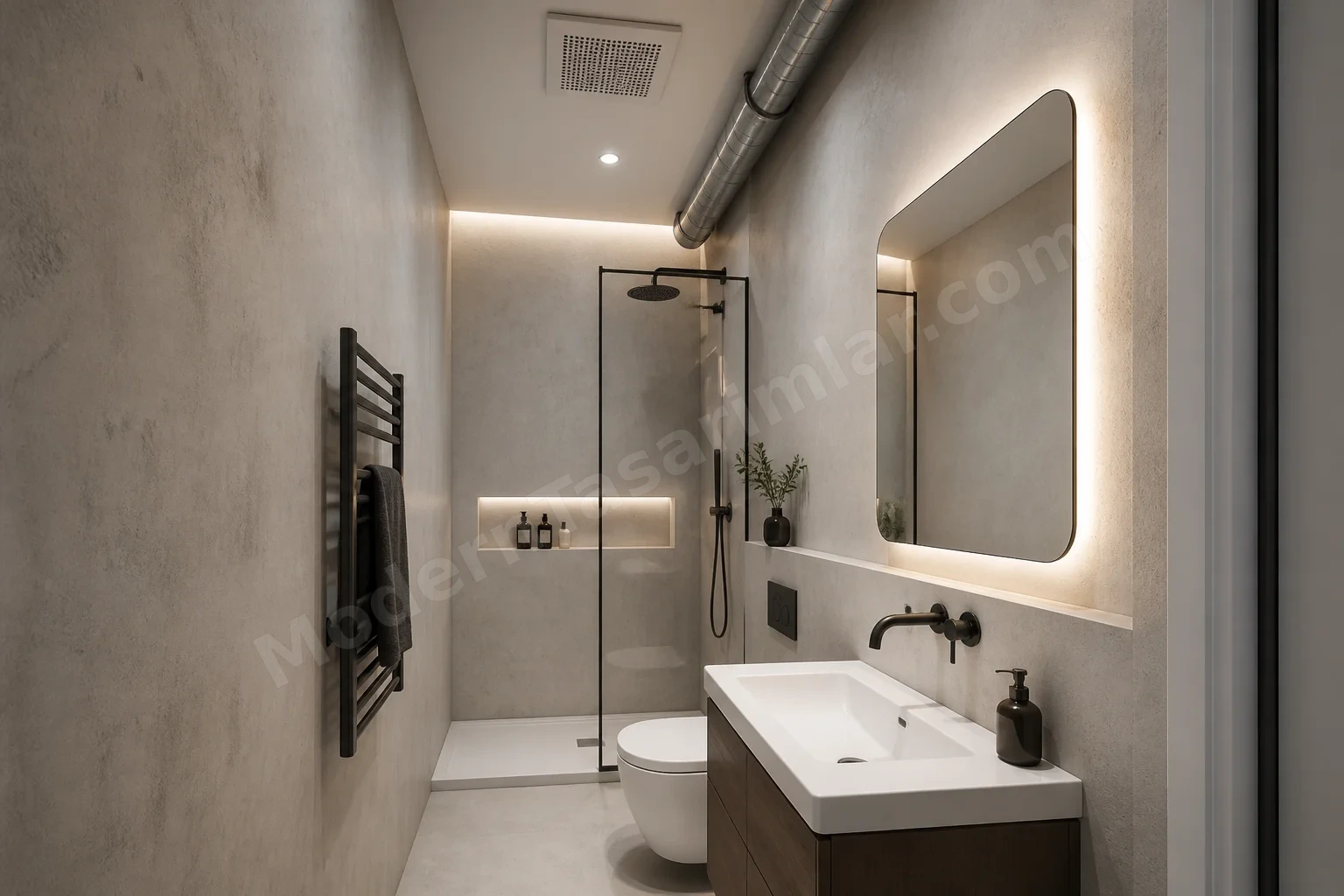 Tavan fanı ve gri beton görünüm duvarlı dar banyo
