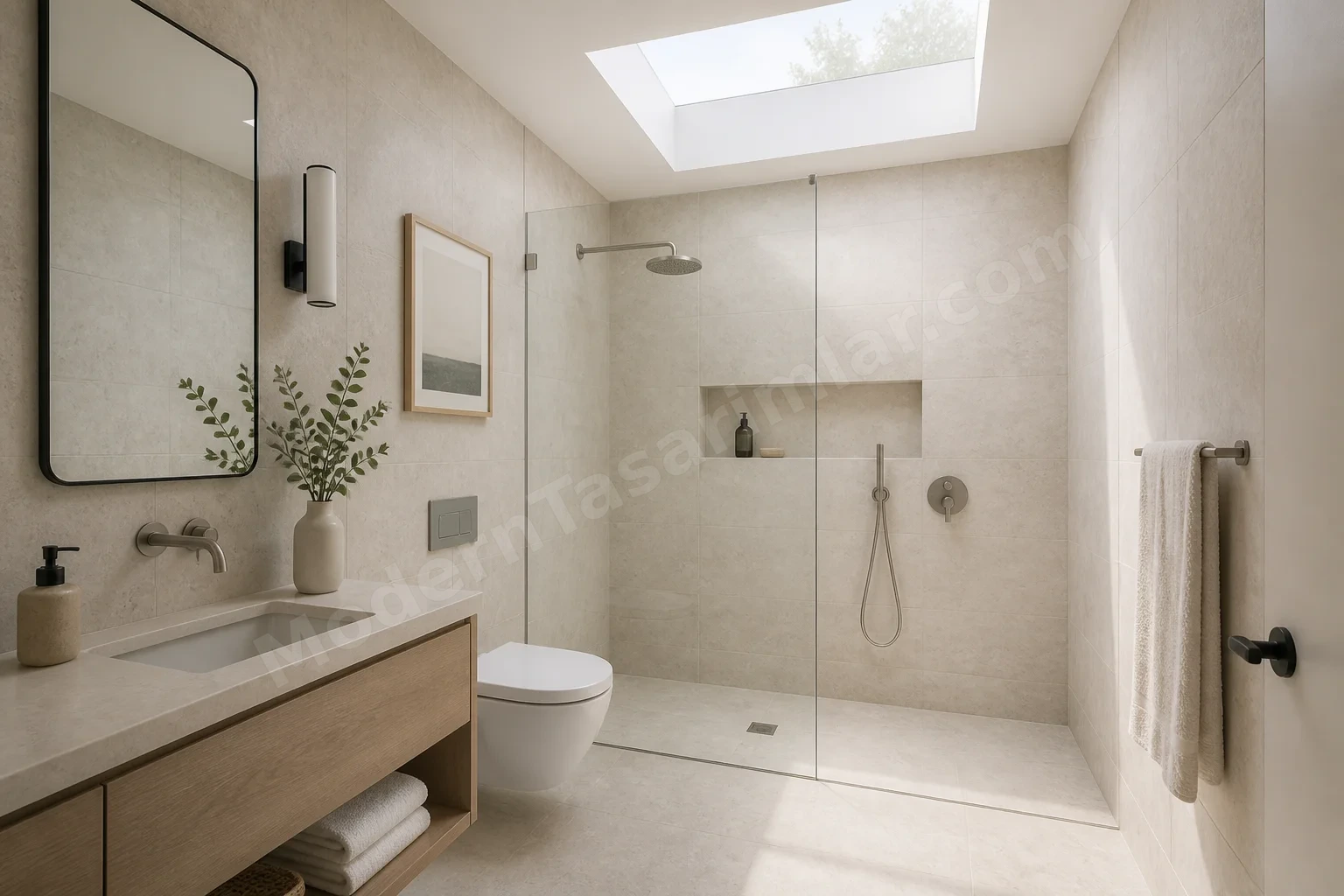 Tavan pencereli küçük banyo, açık taş görünümü ve çerçevesiz duş