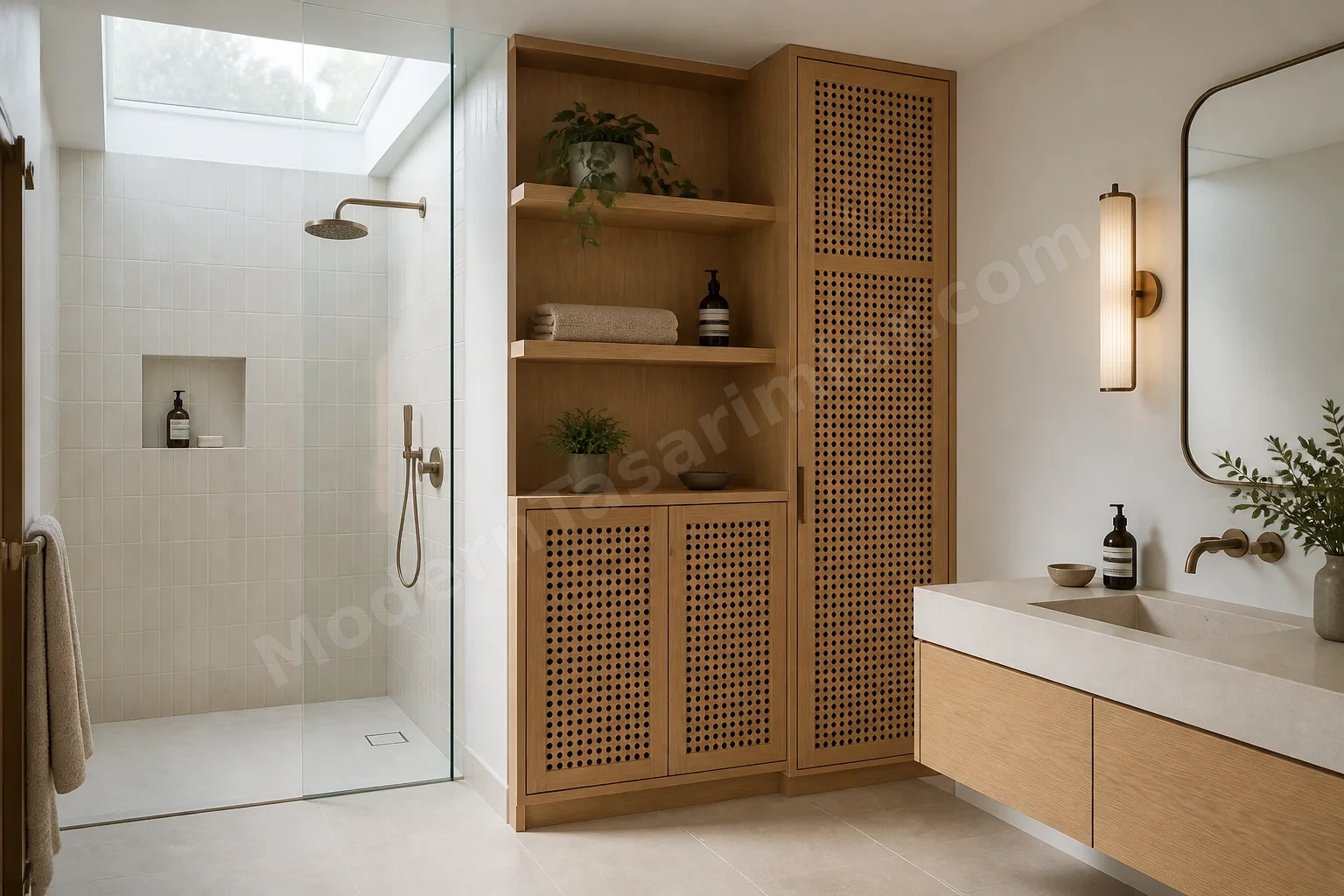 Tavana ışık alan ve havalandırmalı açık raflı köşe banyo