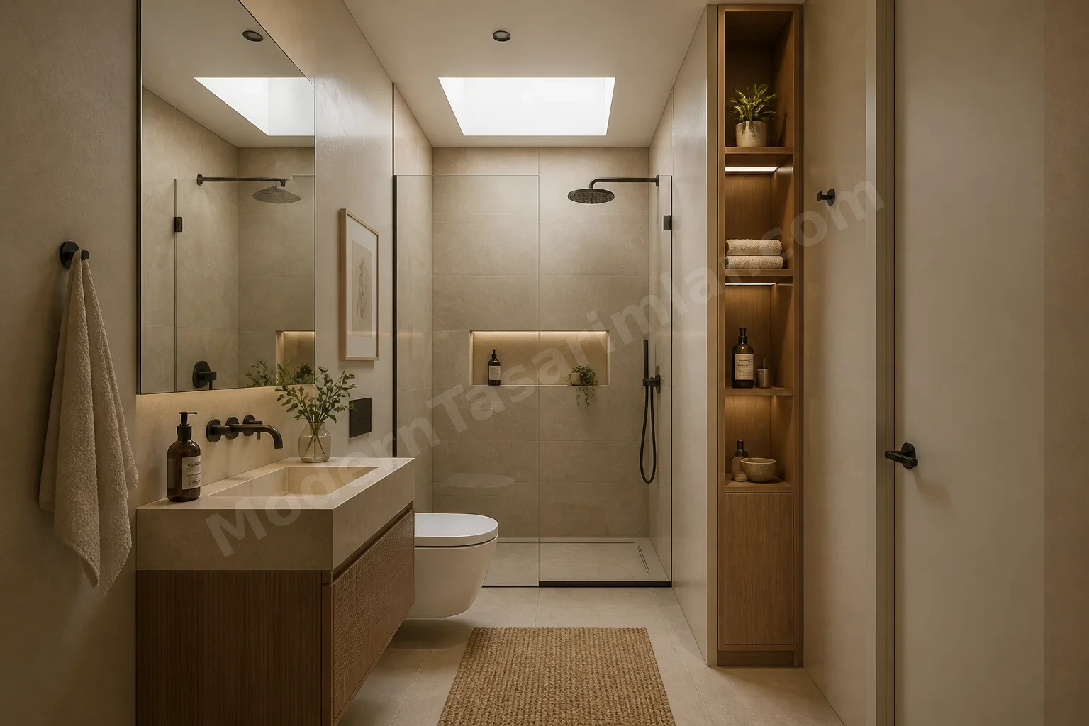 Tavana kadar ayna bulunan küçük banyo, dar dikey depolama ve doğal ışık