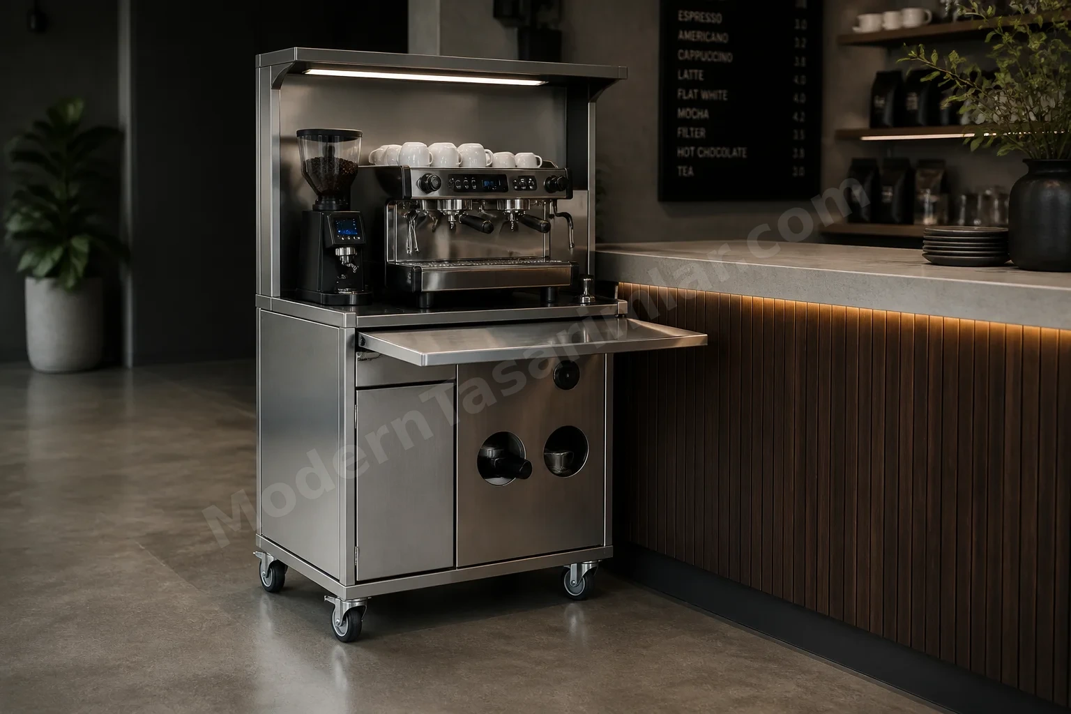 Tekerlekli espresso modülü yan tezgâhta