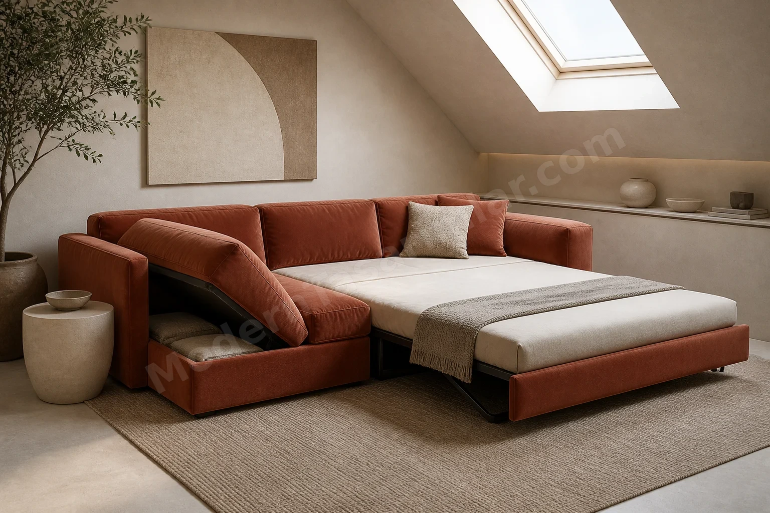 Terracotta kadife açılır yataklı sofa ve gizli depolama