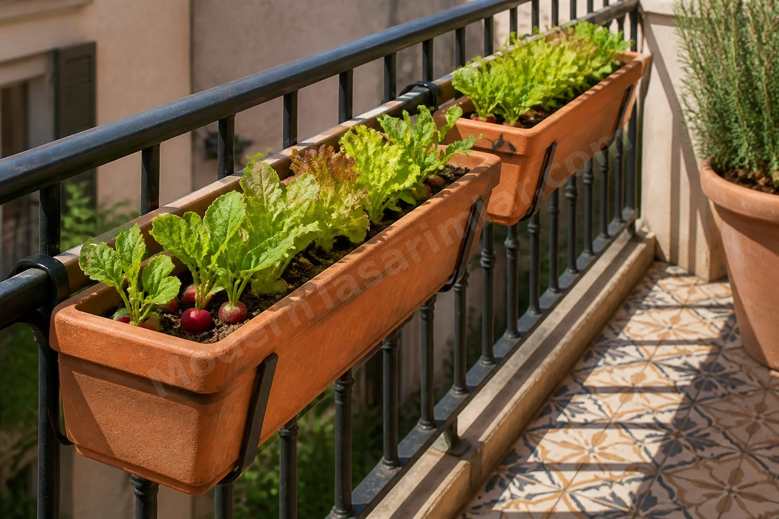 Terracotta korkuluk saksılarıyla dar balkonda marul ve turp