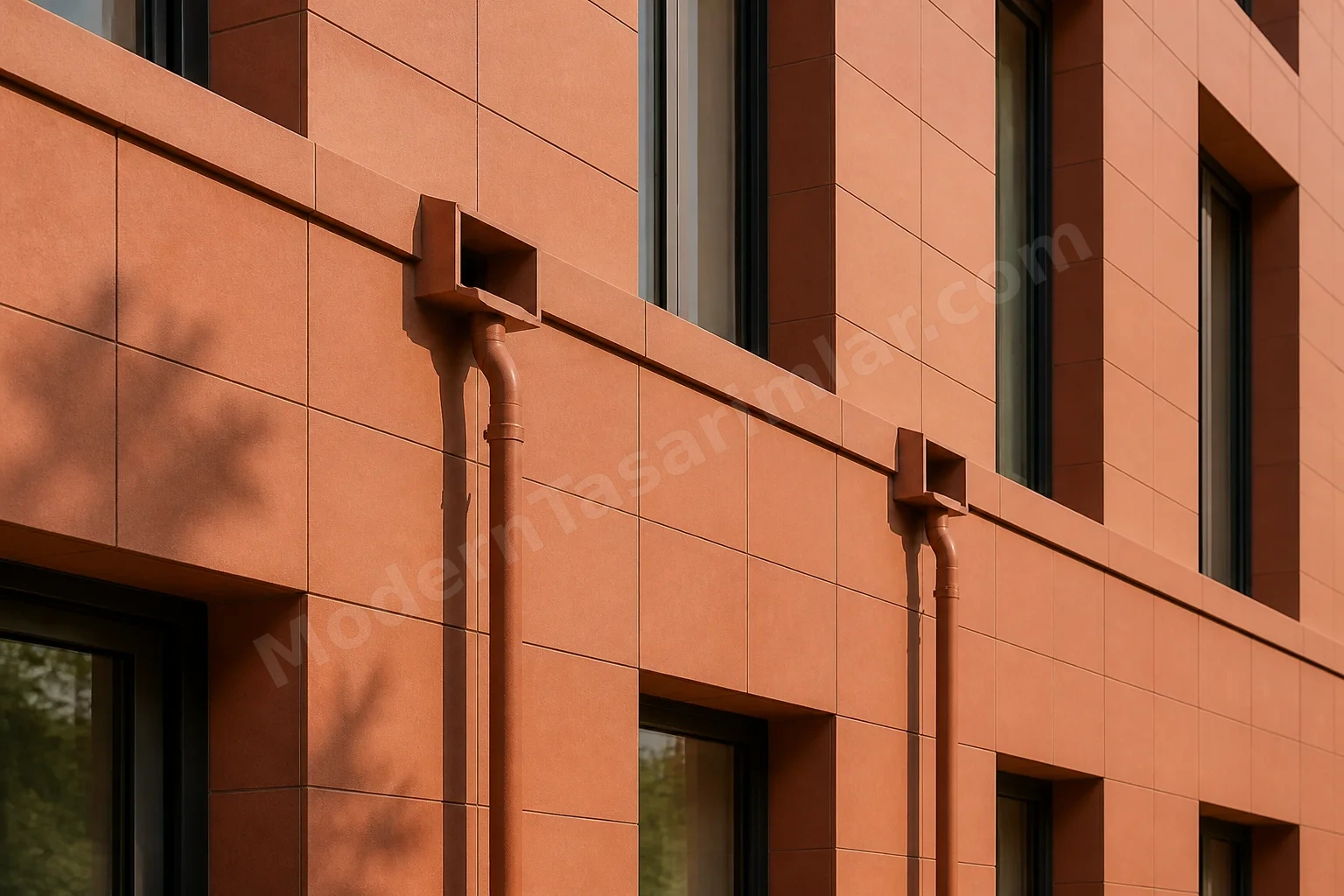 Terrakotta kaplamalı cephede görünür scupper ve iniş boruları